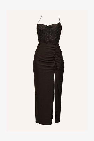 Black dress with spaghetti straps, ruched side detail, front slit, and subtle silver embellishments along the bodice. Smooth fabric texture.