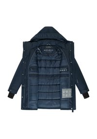 Parka bleu marine avec un intérieur rembourré, poches zippées et poignets réglables. Comprend un logo et des instructions d'entretien à l'intérieur.
