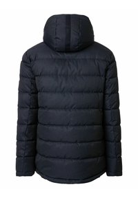 Granatowa pikowana kurtka z kapturem, z poziomym przeszyciem, gładką fakturą, bez widocznych metalowych elementów czy ozdób.