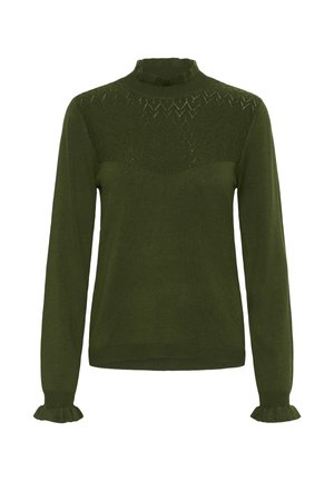 Grön stickad tröja med hög volangkrage, med ett strukturerat zick-zackmönster på den övre halvan och volangärmar.