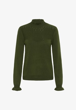 Groene gebreide trui met een hoge gerimpelde kraag, voorzien van een gestructureerd chevronpatroon op de bovenhelft en gerimpelde manchetten.