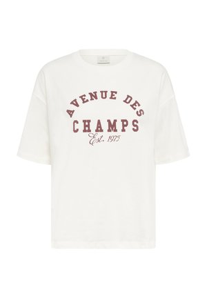 Vit t-shirt med kort ärm i bomull, med ett maroontryck som säger "AVENUE DES CHAMPS Est. 1975" i fet stil.