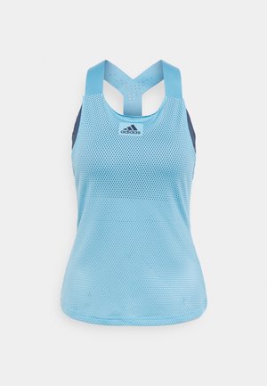 Débardeur de sport Adidas sans manches bleu clair avec tissu en maille respirant et bretelles dos nageur.