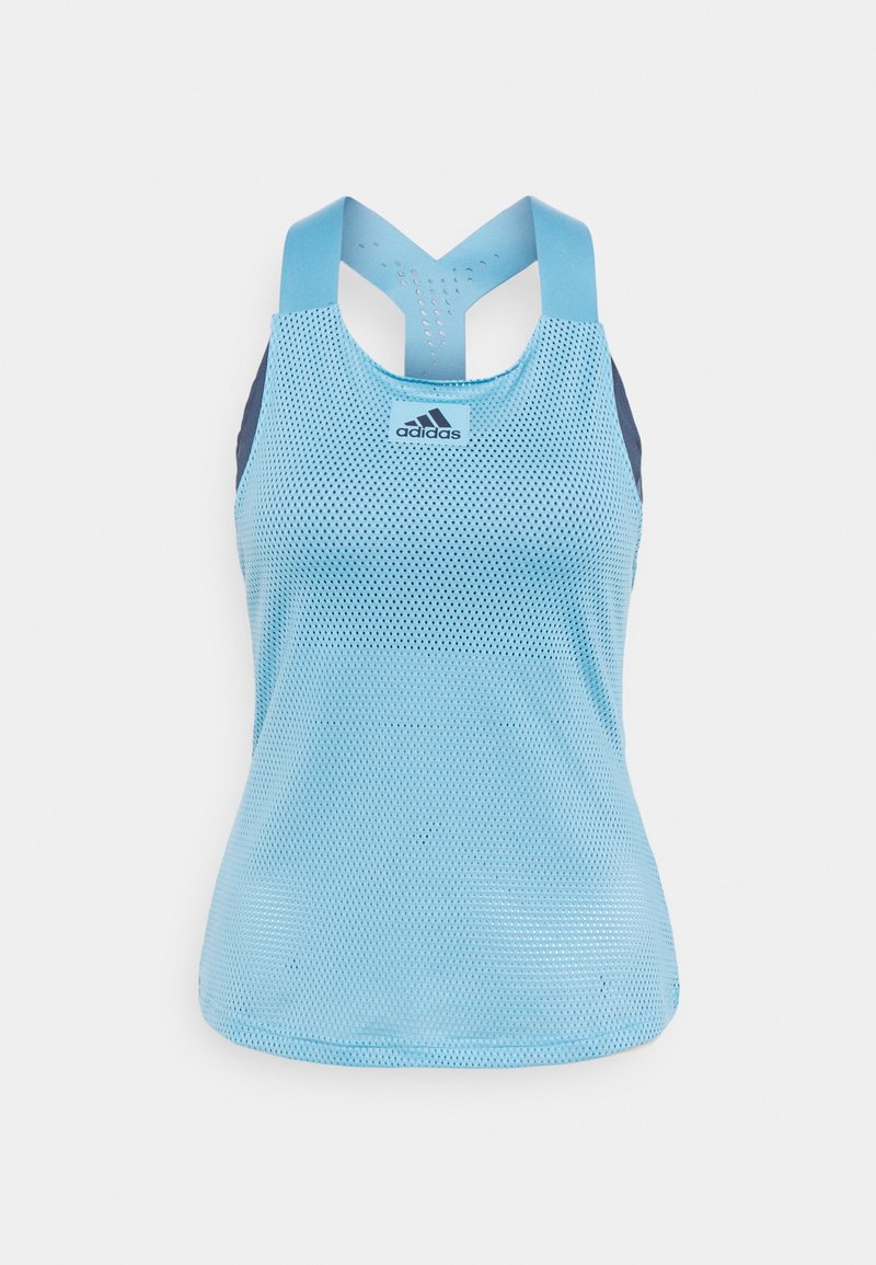 Débardeur de sport Adidas sans manches bleu clair avec tissu en maille respirant et bretelles dos nageur.