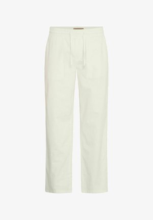 Kerged, kreemjas värvitoonis linased püksid, millel on elastne vöökoht ja nöör. Sirge jala disain, millel pole nähtavaid mustreid ega riistvara.