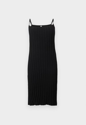 Μαύρο ριμπ πλεκτό φόρεμα με λεπτές τιράντες σπαγγέτι, εφαρμοστή γραμμή, μήκος μέχρι τη μέση της γάμπας και ελαφρώς ελαστική υφή.