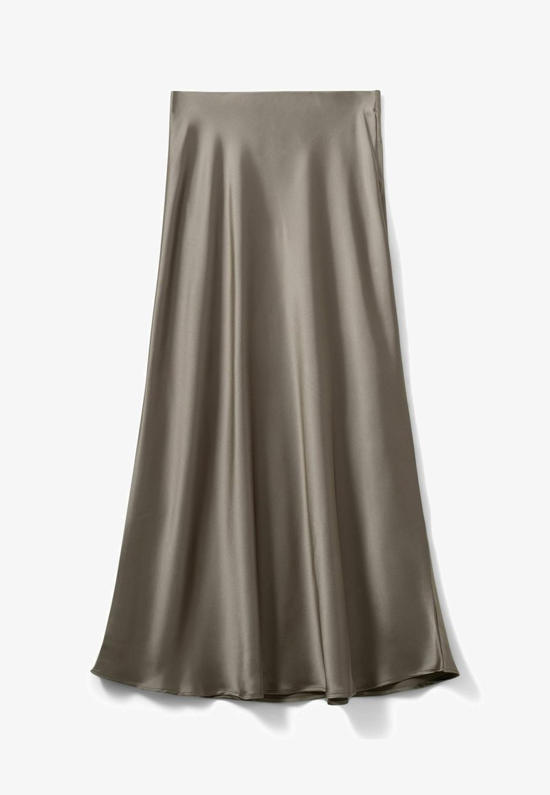 Falda larga y fluida en un color oliva suave. Hecha de una tela lisa y brillante con una pretina ancha y un ligero drapeado para una silueta fluida.