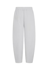Pantalon gris clair en tissu doux, coupe décontractée, avec une taille élastique et des ouvertures de jambes fuselées, sans éléments visibles ni motifs.