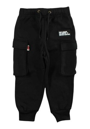 Pantaloni jogger neri stile cargo con vita elasticizzata, coulisse, tasche laterali con patta e una piccola toppa con la scritta East London Lee Cooper British Heritage.