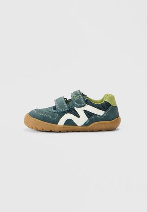 Blue and green children's shoes with suede and mesh materials, rubber sole, Velcro straps, and a white zigzag pattern on the side.