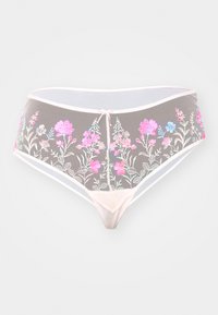 Rosa blomsterbroderte mesh-truser med en lys beige linning og sløyfedetalj i midten foran, med intrikate blomstermønstre.