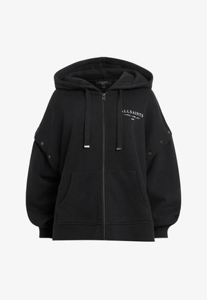 Black zip-up hoodie made of soft fabric, featuring a large hood, front pockets, and snaps on the sleeves, with the logo printed on the chest.