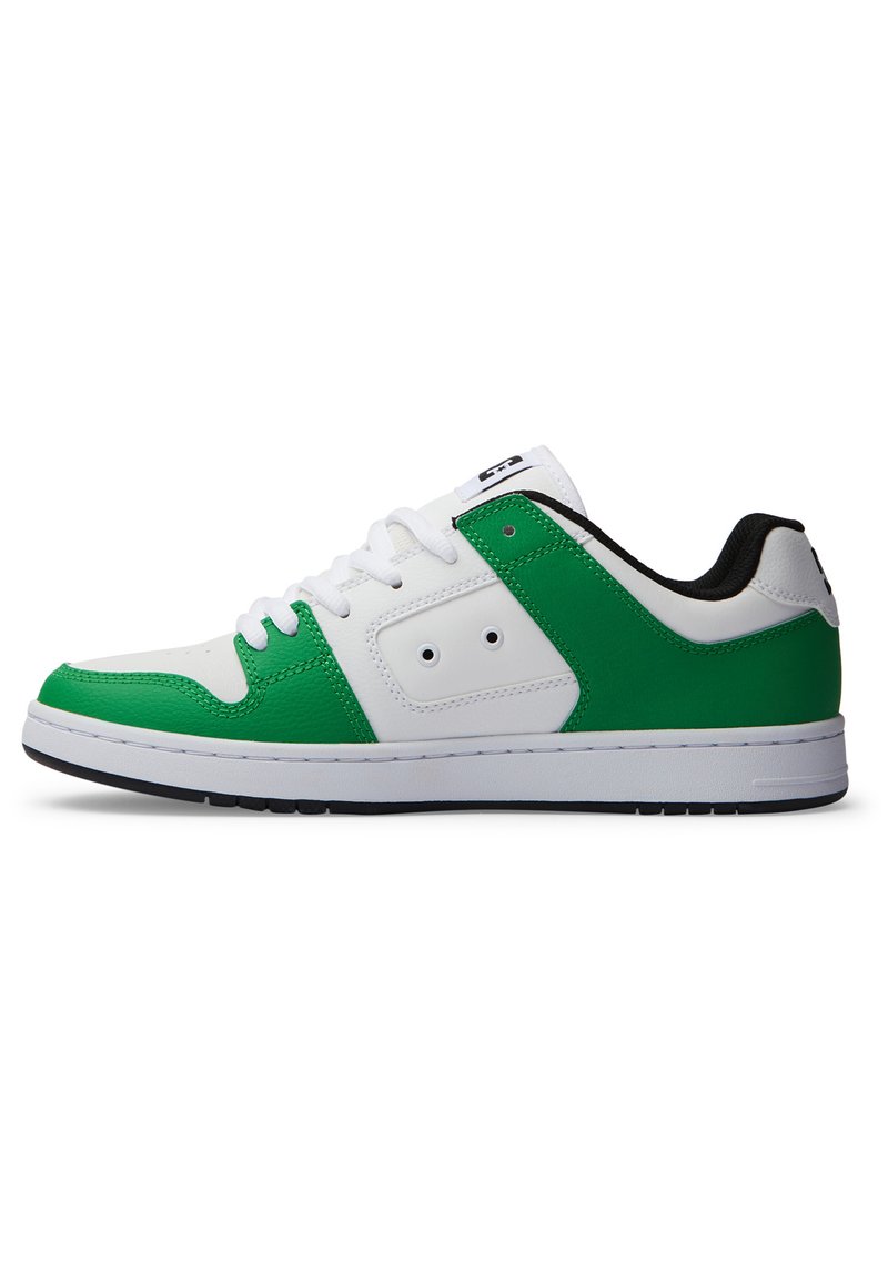 Green and white sneaker with a smooth leather upper, round toe, white laces, and a black inner lining. Features two small side holes.