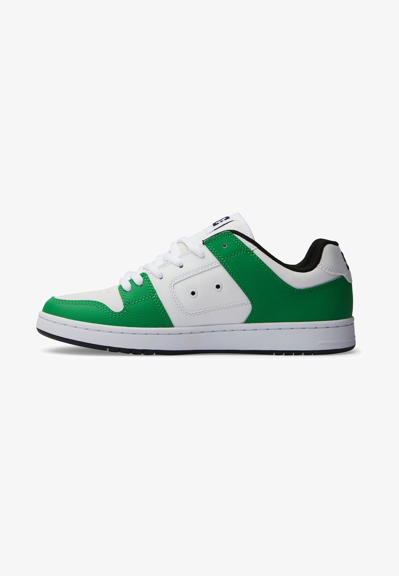 Green and white sneaker with a smooth leather upper, round toe, white laces, and a black inner lining. Features two small side holes.