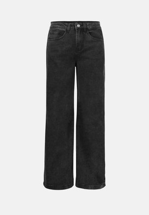 Black wide-leg jeans in denim, featuring a high waist, five pockets, and a classic button closure. Smooth texture with minimal fading.