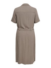 Robe taupe longueur genou avec manches courtes, col, ceinture à la taille et détails de couture, vue de dos sur fond blanc.