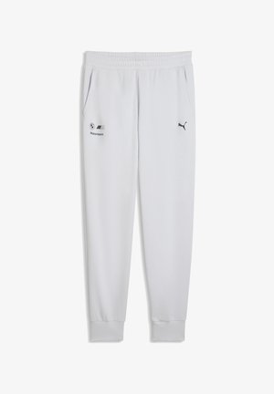 Pantaloni della tuta grigio chiaro con cinturino elastico in vita, tasche laterali, logo Puma nero e marchio BMW Motorsport sulla coscia sinistra.