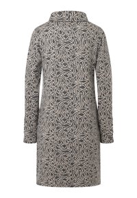 Robe en tricot grise et crème avec un motif géométrique de feuilles, à manches longues et col montant, avec une coupe décontractée, fabriquée à partir d'un tissu texturé.