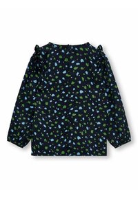 Haut à manches longues bleu marine avec un motif dispersé de formes bleues et vertes. Présente des accents à volants aux épaules et une fermeture à boutons à l'arrière.