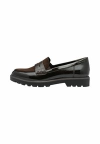 Black patent leather and brown suede loafers with a textured band. Features a chunky sole with grip details. Sleek, contemporary design.