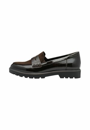 Black patent leather and brown suede loafers with a textured band. Features a chunky sole with grip details. Sleek, contemporary design.