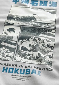 Černobílé tisky v stylu ukiyo-e zobrazení osoby, jak rybaří uprostřed velkých oceánských vln s horou Fuji v pozadí.