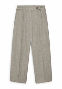 Pantalon gris clair à jambes larges avec un tissu texturé, devant plat, taille élastique et fermeture à un bouton.