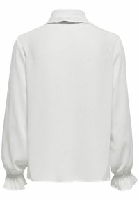 Blusa bianca a maniche lunghe con colletto a camicia, polsini arricciati e una trama liscia e leggera dal design semplice.
