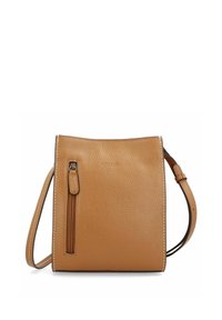 Bolso de mano de cuero marrón claro con un acabado liso y texturizado, que cuenta con un bolsillo frontal con cremallera y una correa de hombro ajustable. Forma cuadrada con costuras blancas.