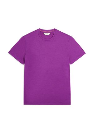 T-shirt en coton violet avec un col rond et des manches courtes. Texture lisse, coupe standard, sans motifs ni embellissements.