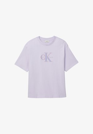 T-shirt lilla a maniche corte con scollo rotondo e logo ricamato "cK Calvin Klein" al centro sul davanti.