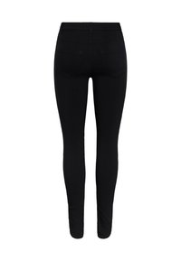 Svarta slim-fit byxor med bakfickor, bälteshällor och synliga sömmar, visade från baksidan på en vit bakgrund.