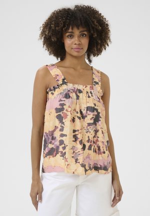 Ärmellose Bluse mit floralen Mustern in Pastellfarben: Pfirsich, Rosa, Schwarz. Verfügt über geraffte Träger und einen lässigen Schnitt. Strukturierter Stoff.