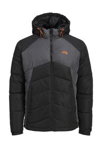 Czarna i szara pikowana kurtka z kapturem, zamkiem z przodu, bocznymi kieszeniami i pomarańczowymi troczkami, z logo Jack & Jones na piersi.