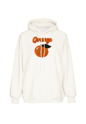 Biała bluza z kapturem z pomarańczową grafiką i słowem "Orange" błyszczącymi, teksturowanymi literami na środku przodu.