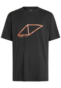 Musta pyöräilypaita hengittävästä kankaasta. Edessä on geometrinen oranssi logo ja lyhyet hihat mukavuutta varten.