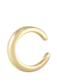Brazalete de metal dorado, acabado suave y brillante, forma redondeada, diseño abierto con una ligera curva en cada extremo, marcado con detalles de talla en el interior.