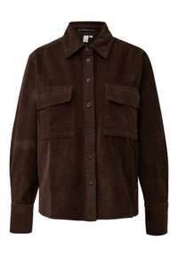 Dunkelbraune Cordjacke mit Knöpfen, langen Ärmeln, zwei aufgesetzten Brusttaschen und spitzem Kragen.