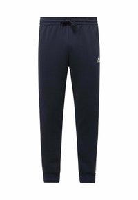 Pantaloni della tuta blu navy realizzati in tessuto morbido, con un elastico in vita e cordino, e righe bianche sui lati. Piccolo logo sul davanti.
