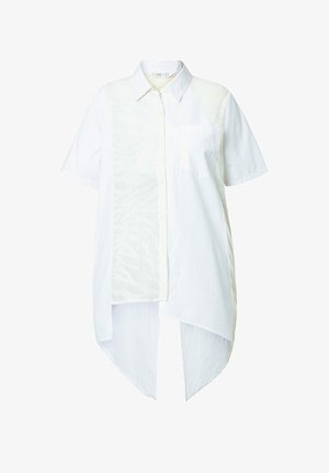 Camicetta bianca a maniche corte con un pannello trasparente caratterizzato da un sottile motivo zebra, chiusura con bottone e un orlo asimmetrico.