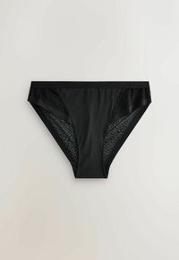 Sous-vêtements noirs avec un devant lisse et des panneaux en dentelle sur les côtés, finition sans coutures et ceinture élastique pour le confort.