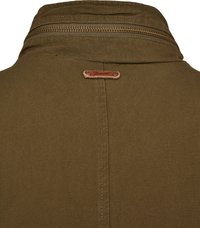 Olive green jacket featuring a high collar, gold zipper, and leather logo tag. Smooth fabric with visible seams and textured collar.