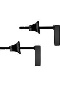 Zwarte studoorbellen met een geometrisch ontwerp in een rechthoekige vorm en een gladde textuur, bevestigd met een poststijl sluiting.