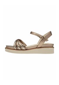 Metallisk bronzfärgad sandal med en plisserad ovandel, ankelsnörning och en kraftig sula. Har en strukturerad yta och lagerdetaljer.