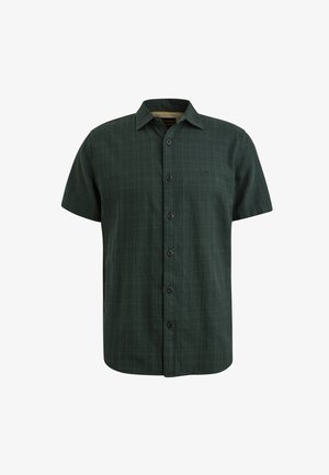 Camicia a maniche corte di colore verde scuro, con un sottile motivo a griglia, realizzata in tessuto leggero, dotata di colletto classico e sei bottoni.