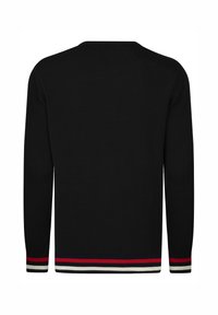 Must värviline kudum, millel on tekstuuriga muster. Omab ümmargust kaelust ja soonikutega varrukaotsi, mille ääres on punased, valged ja sinised triibud.