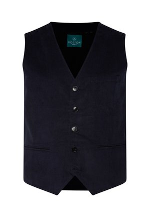 Gilet di velluto a coste blu navy con scollo a V, chiusura anteriore a sei bottoni e una tasca laterale. Presenta un tessuto testurizzato per un tocco di dettaglio in più.