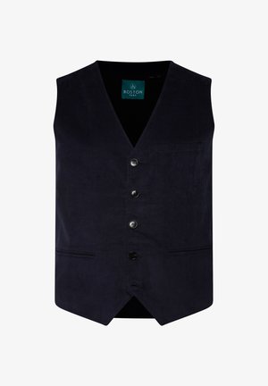 Navy corduroy vest with a V-neck, six-button front closure, and a single side pocket. Features a textured fabric for added detail.