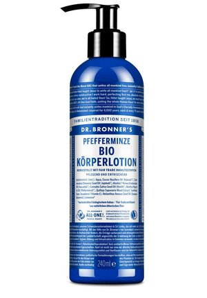 Blue bottle of Dr. Bronner’s organic peppermint body lotion with black pump dispenser and German text details on ingredients and certifications.
