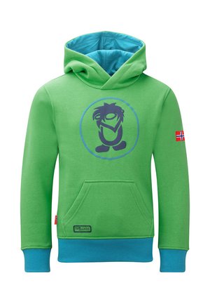 Grüne Kapuzenjacke mit blauer Innenseite und Bündchen. Verfügt über ein großes dunkelblaues Grafiklogo und eine Kängurutasche auf der Vorderseite. Norwegische Flagge als Detail vorhanden.